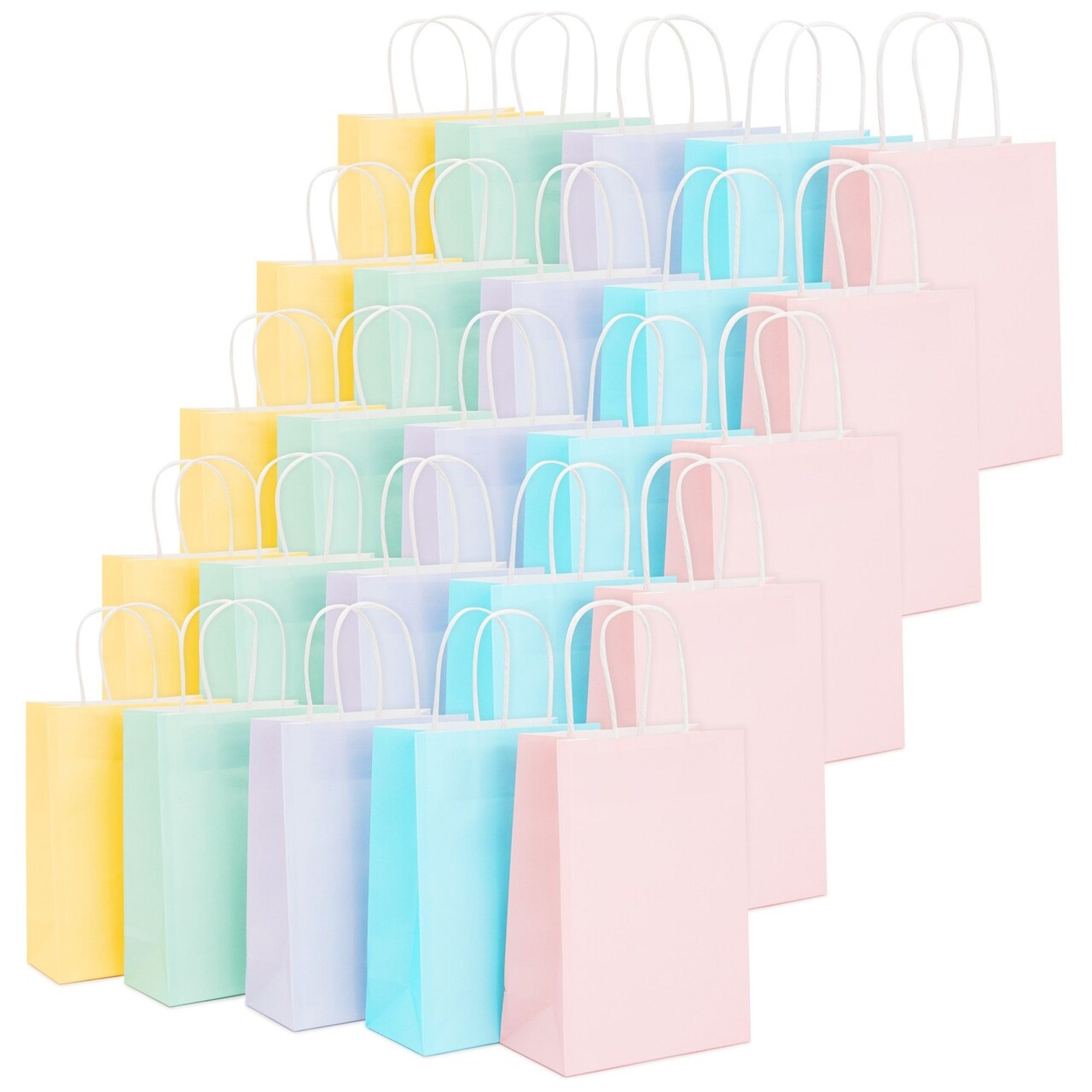 25 Pack Pastel Gift Bags with Handles, Paper Party Favor Bags, Colored Paper Bag for Baby Shower, Goodies, Birthday, 5 Colors - 6.3x3.2x8.7 inch